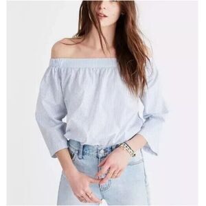 Madewell Women's G2082 Size L Blue Off The Shoulder Top Striped EUC